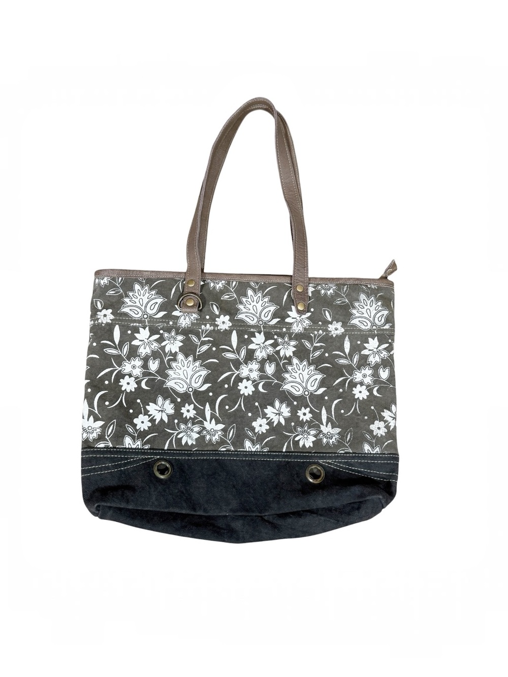 Myra Bag Floral Canvas Leather Tote Bag Olive Green Black Boho Shoulder Bag
